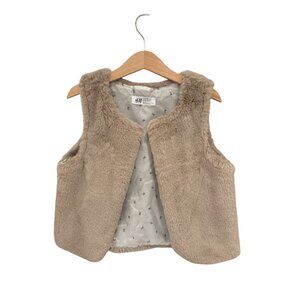 H&M Girls Beige Faux Fur Vest Lined With Floral Print Size 6-8Y